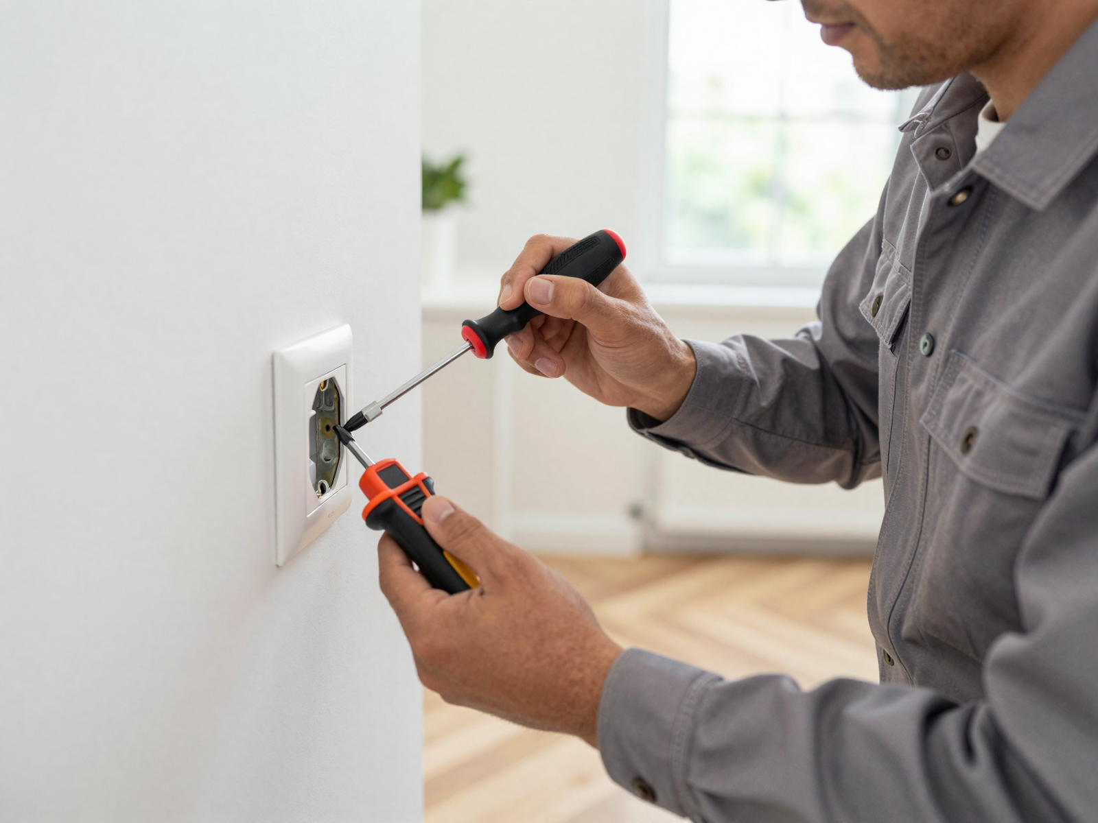 Professional electrician installing outlets